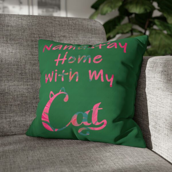 "Namast'ay Home With My Cat" - Marbled Pink & Teal on Dark Green Pillow COVER