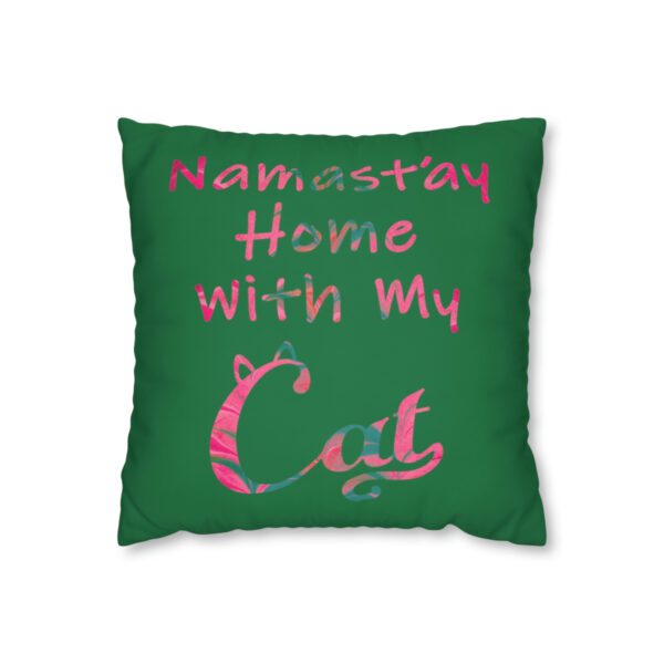 "Namast'ay Home With My Cat" - Marbled Pink & Teal on Dark Green Pillow COVER - Image 2