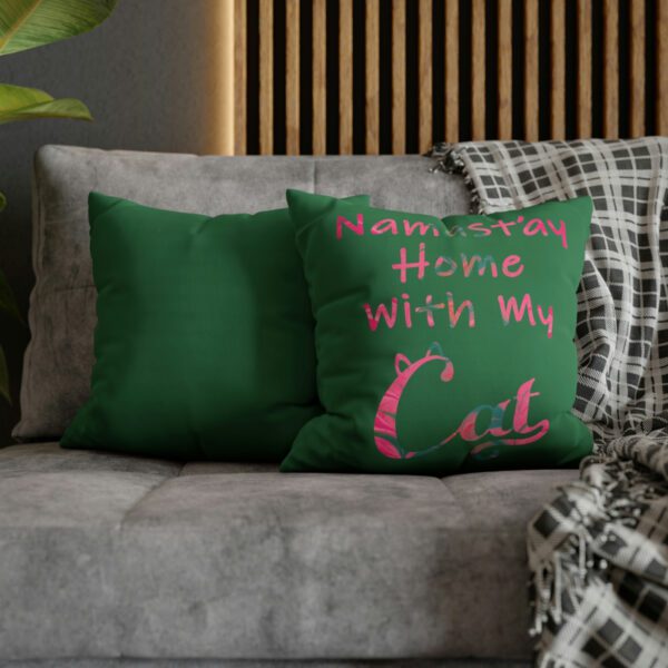 "Namast'ay Home With My Cat" - Marbled Pink & Teal on Dark Green Pillow COVER - Image 4