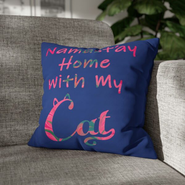 "Namast'ay Home With My Cat" - Marbled Pink & Teal on Dark Blue Pillow COVER