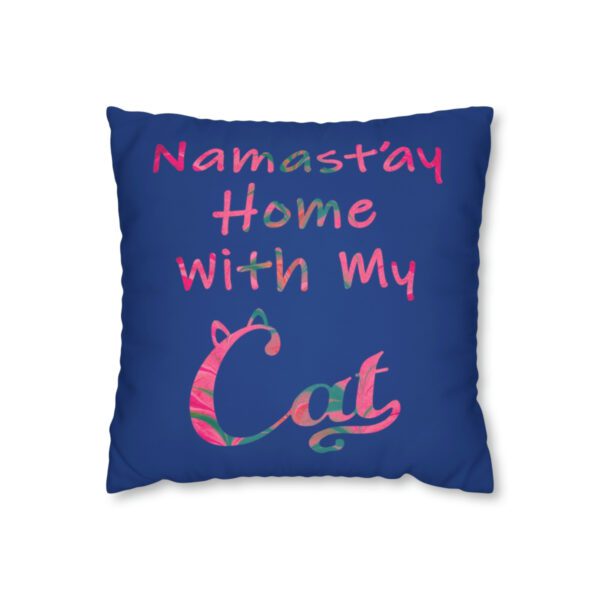 "Namast'ay Home With My Cat" - Marbled Pink & Teal on Dark Blue Pillow COVER - Image 2