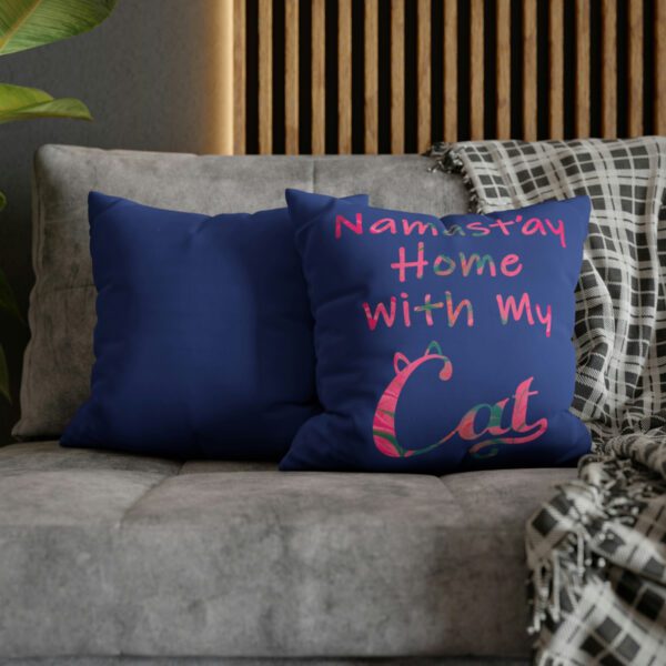 "Namast'ay Home With My Cat" - Marbled Pink & Teal on Dark Blue Pillow COVER - Image 4