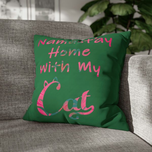 "Namast'ay Home With My Cat" - Marbled Pink & Teal on Dark Green Pillow COVER - Image 7