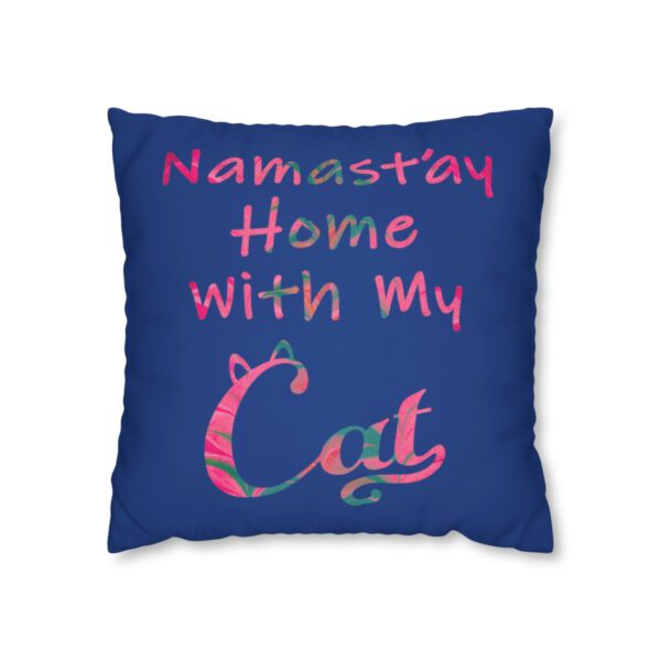 "Namast'ay Home With My Cat" - Marbled Pink & Teal on Dark Blue Pillow COVER - Image 5