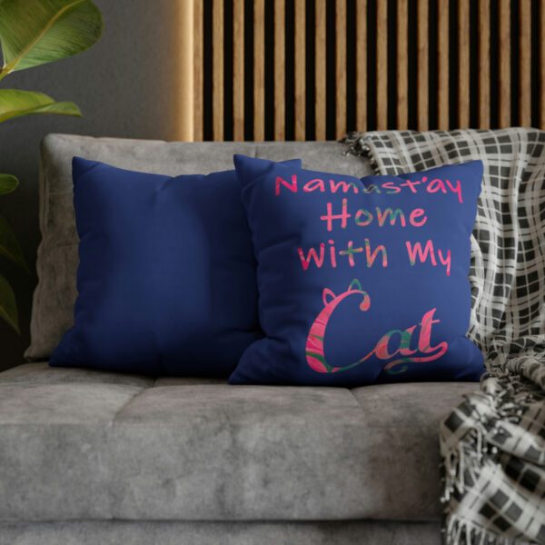 "Namast'ay Home With My Cat" - Marbled Pink & Teal on Dark Blue Pillow COVER - Image 8