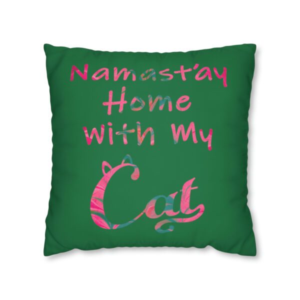 "Namast'ay Home With My Cat" - Marbled Pink & Teal on Dark Green Pillow COVER - Image 9