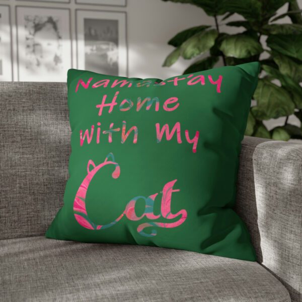 "Namast'ay Home With My Cat" - Marbled Pink & Teal on Dark Green Pillow COVER - Image 15