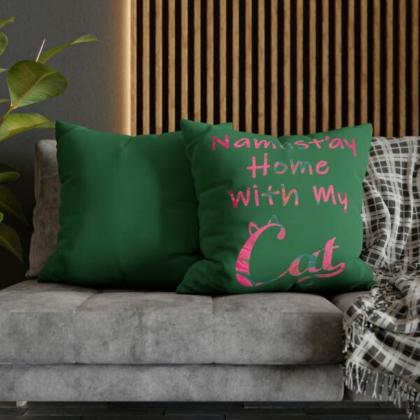 "Namast'ay Home With My Cat" - Marbled Pink & Teal on Dark Green Pillow COVER - Image 16